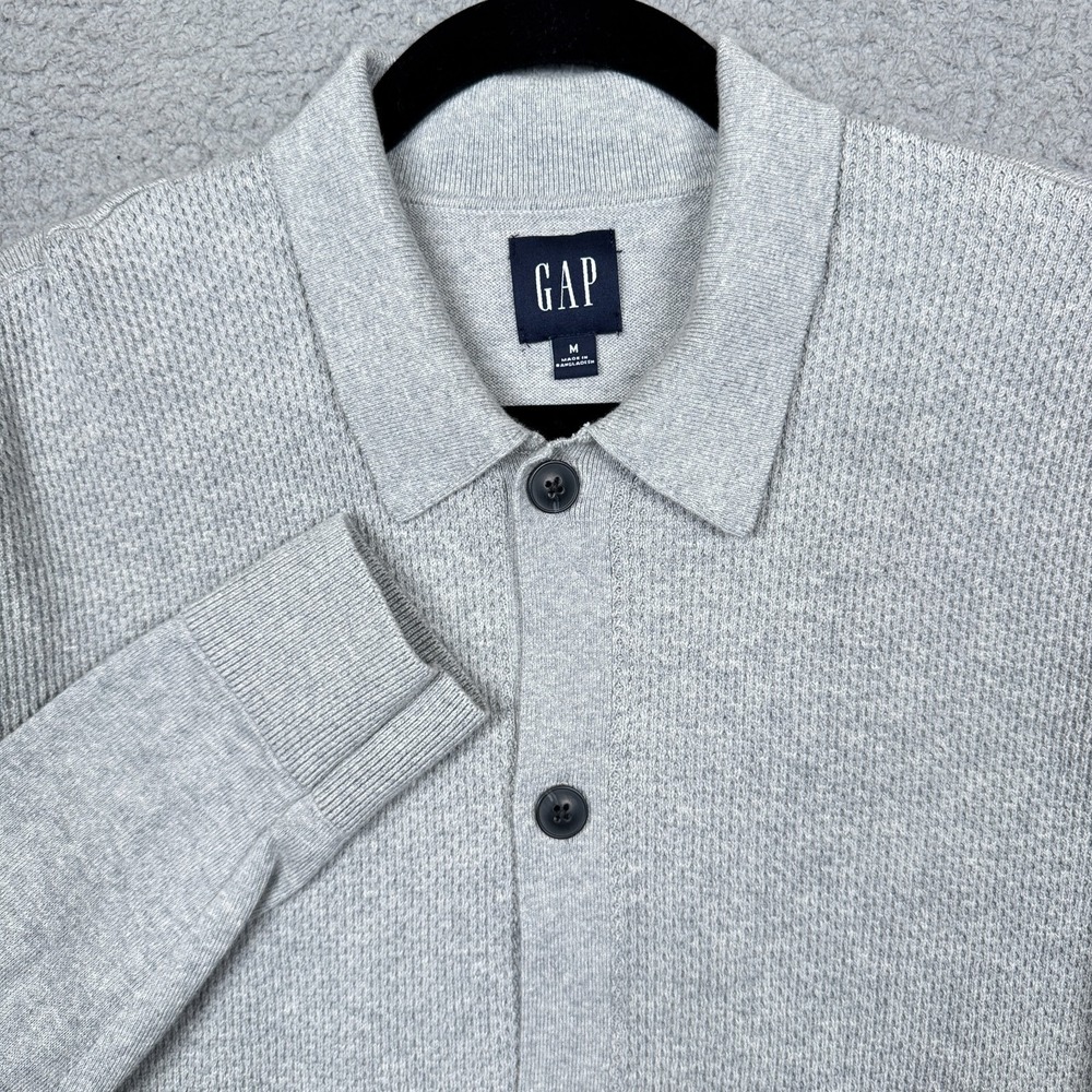 Gap Sweater Mens‎ M Gray Collared Cardigan Textured Rice Knit Preppy Grandpa